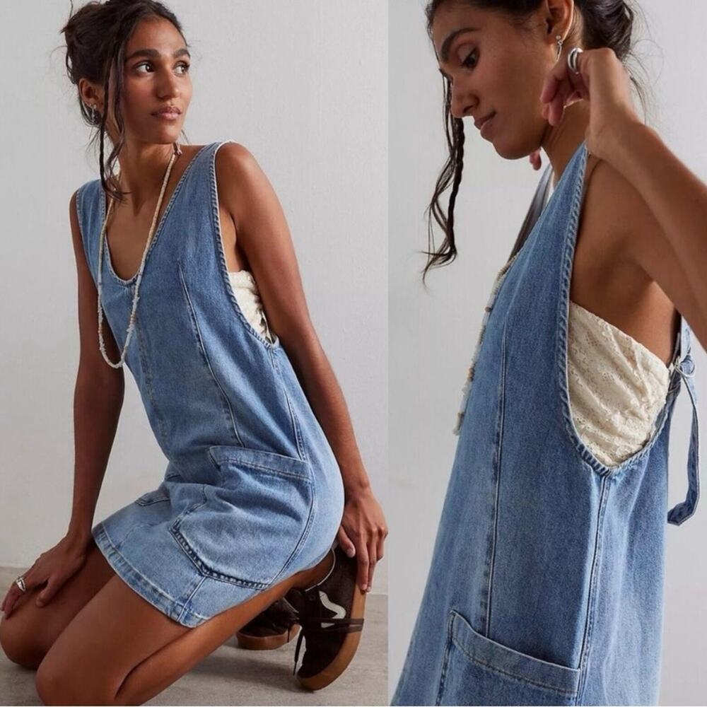 We The Free Light Wash Denim Pinafore Mini Dress Re-Posh - Picture 5 of 15